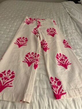 SZ Block Print Women's White Jeans with Hot Pink Floral Print